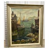 H.Burkhart Painting on Canvas harbor boats