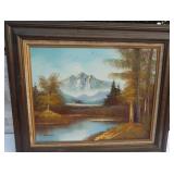 Oil on Canvas. Mountain  and cabin scene. Signed