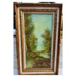 Oil on Canvas. Woods and water scene. Signed M.