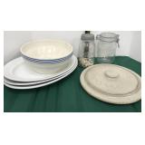 Ironstone Platters, Old bowl, crock lid, canning