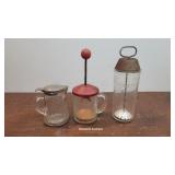 Syrup pitcher, malted milk jar, red top chopper