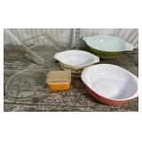 Pyrex bowls, baking pans, fridge dish with lid,