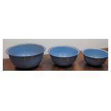 3 Antique Blue Enamelware Bowls -display Great