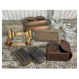 Copper Ink Well, Scrollette bookends, stamp