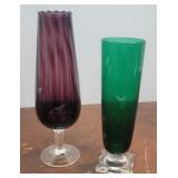 2 Art Glass Vases Purple & Green