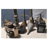 Funnels, lanterns, oil can, stamp holder