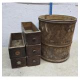 Wooden barrel, sewing machine drawers