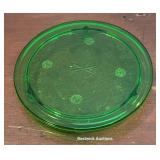 Green glow depression glass footed cake plate
