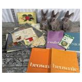 Girl Scout handbooks and compass, flock rabbits,