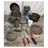 Vintage kitchen lot pie pans, bread pans, grader,
