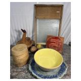 Heavy glass washboard, duck woven basket, wooden