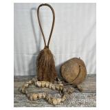 Wood carved gongl, and 2 rattle items