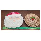 Large ceramic Santa and cherry pie plate with lid