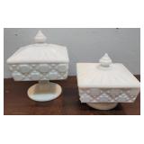 2 covered candy dishes Westmoreland old quilt