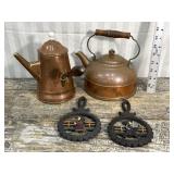 2 copper tea/coffee kettles and 2 cast iron Amish