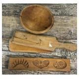Wooden butter pats, butter mold and small wooden