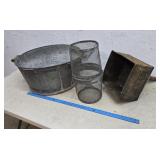 Galvanized wash tub, minnow trap, funnel