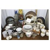 Baskets, plates, cups, mugs, tins, bell jars,