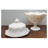 2pcs Westmoreland old quilt Milk Glass - butter