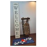Country wooden sled, carved welcome sign &