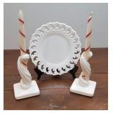 3pcs Milk Glass - Candlesticks & Plate