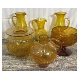 Yellow/Amber crackle glass pitchers, vase and