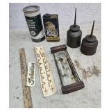 Oil cans, thermometer, radiator cleaner