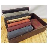 Antique Weis wooden file box with antique books.