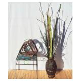 Wicker vase, wine holder and cast metal plant