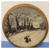Antique round oil on wood - winter seen