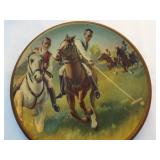 Antique metal tray with polo game scene