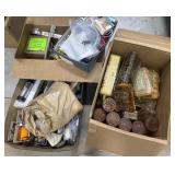 3 boxes Junque drawer items, hardware, light
