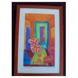 Vintage Framed Matted Painting Interior Scene