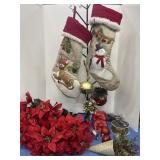Christmas lot w/ornament display tree, stockings,