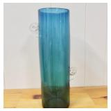 Hand blown blue glass cylinder vase with applied