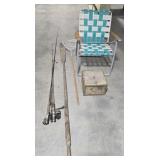 Fishing poles, bait box, chair