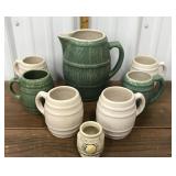 Ceramic Pitcher, mugs & small crock