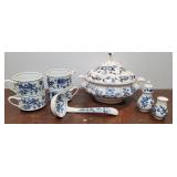 Blue Danube soup tureen, soup cups, & S&P