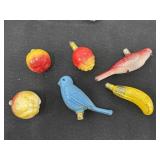 6 vintage ornaments - Birds and fruit *all glass