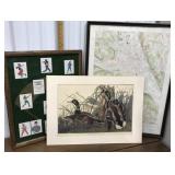 Duck print, baseball card collage & framed