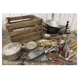 Wooden crate of vintage kitchen utensils, and