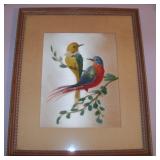 Vintage Painting on Silk Birds on Branch Framed