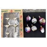 6 vintage glass ornaments in a Shiny Brite box