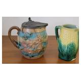 2pcs damaged majolica - syrup picture and pitcher