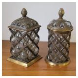 2 heavy india brass & bubble glass storage jars