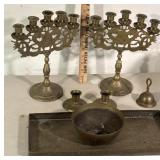 Brass candlesticks and tray