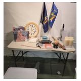 Candles, flags, frames, tub with lid, etc