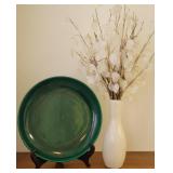 Large green charger bowl w/easel & white vase
