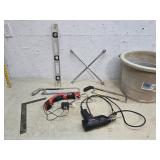 Drill, square, level, saw