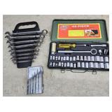 Socket set, wrenches, screw drivers